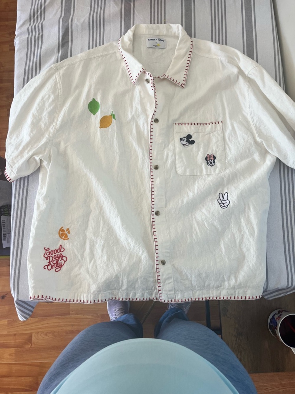 Disney White Short-Sleeve Button-Down Shirt with Embroidered Summer Details